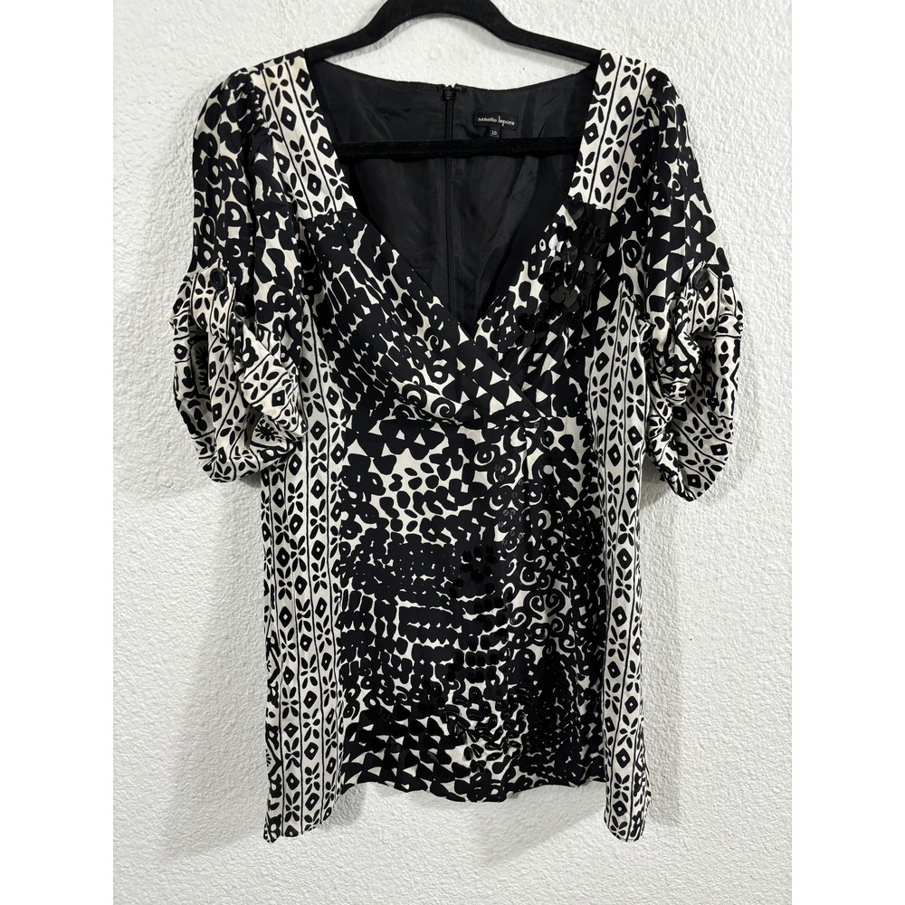 Nanette Lepore Shirt Womens 10 Black White Silk Sequin Tunic‎ Top Spin Me Right